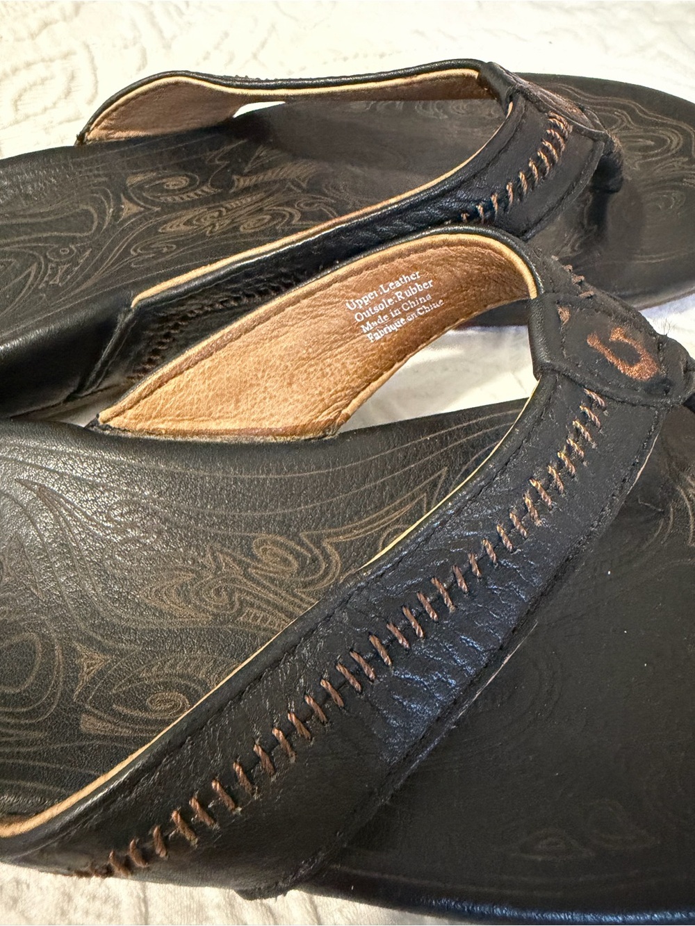 OluKai Black and Brown Leather Flip Flops - Picture 2 of 4
